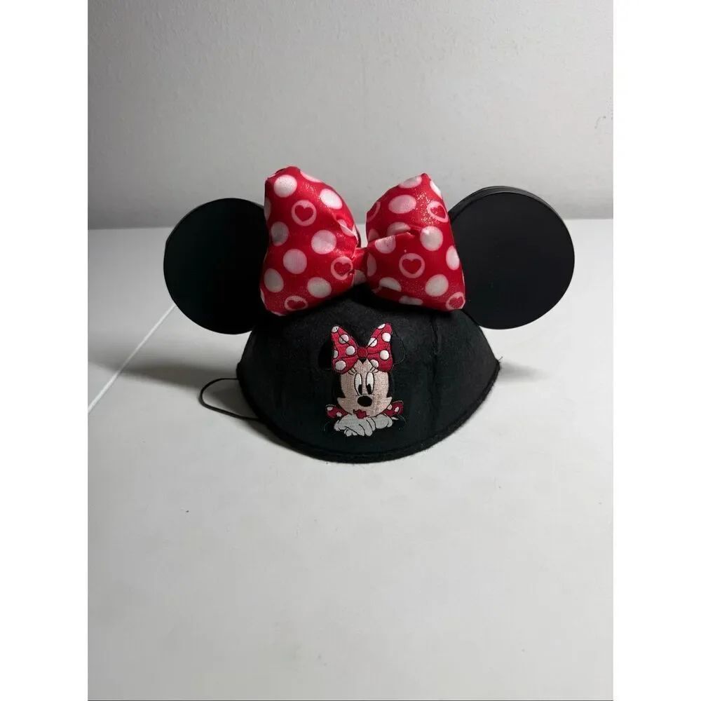 Disney Minnie Mouse Ears one size Black Mouseketeers Hat Red Polka Dot Bow Patch